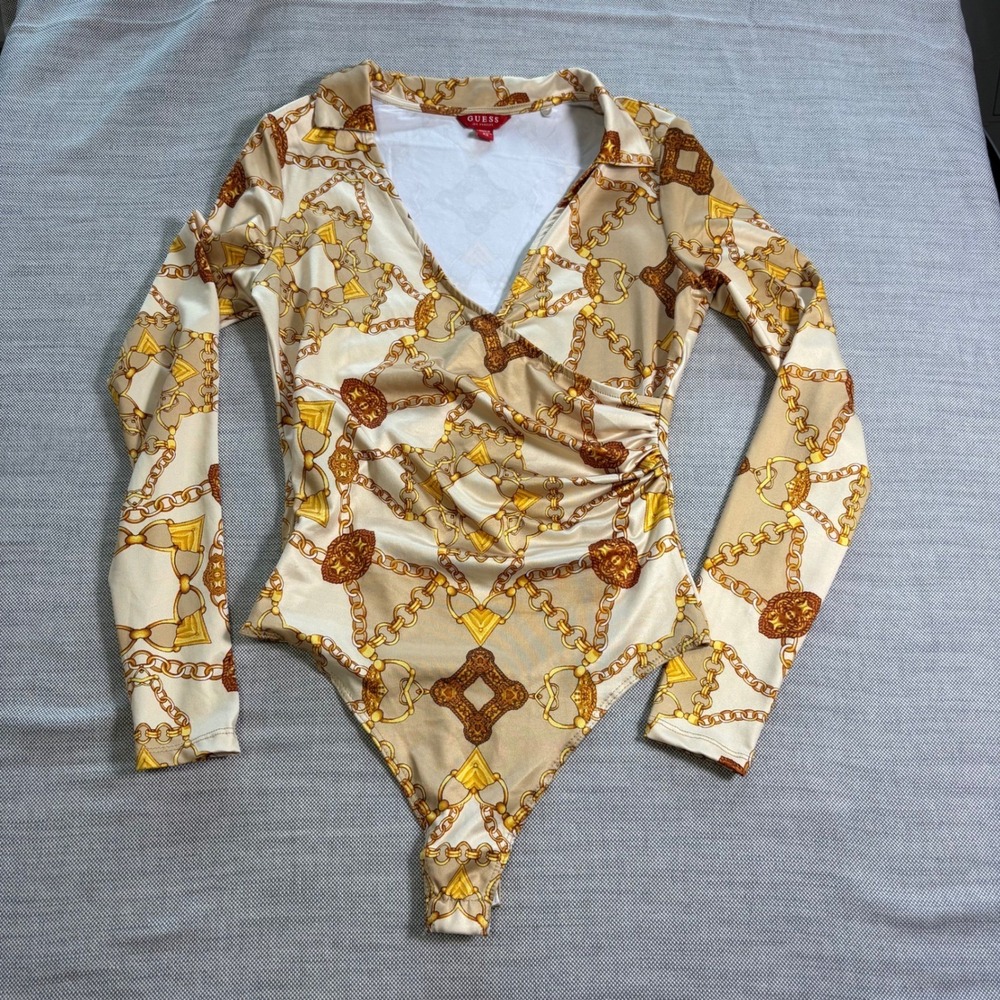 Guess, Long Sleeve Bodysuit, XS, Tan Gold, Chain Link Scarf Print, Baddie